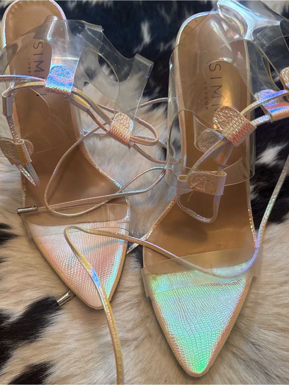 Simmi London Iridescent Pointed-Toe Lace-Up Heels - Holographic Pink